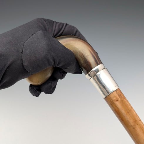 Vintage horn crop handle sterling silver decorated walking stick 85cm